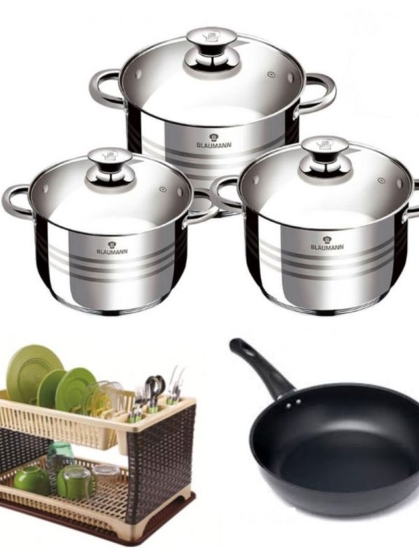 Oale cu capace, Flexi Line Blaumann, inox, 6 piese, 3 straturi + Suport de vase etajat tip ratan cu tava de scurgere + Cadou 1 Tigaie teflon Delis 20x4,7cm!