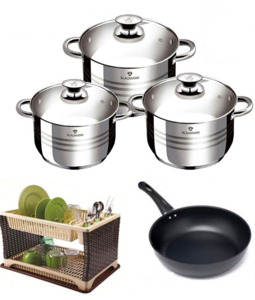 Oale cu capace, Flexi Line Blaumann, inox, 6 piese, 3 straturi + Suport de vase etajat tip ratan cu tava de scurgere + Cadou 1 Tigaie teflon Delis 20x4,7cm!