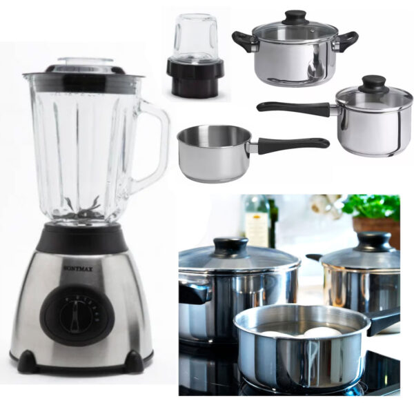 Blender de masa Heinner HBL-500R, 500W, 2 viteze+Pulse, Bol 1.5 L, Rasnita, Negru + Set De Gatit 5 piese inox cu capace din sticla