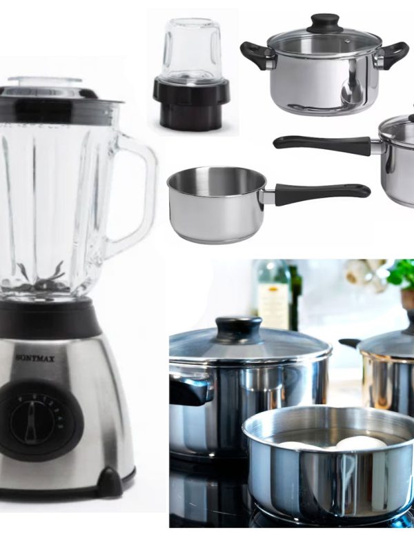 Blender de masa Heinner HBL-500R, 500W, 2 viteze+Pulse, Bol 1.5 L, Rasnita, Negru + Set De Gatit 5 piese inox cu capace din sticla