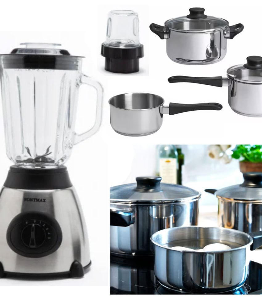 Blender de masa Heinner HBL-500R, 500W, 2 viteze+Pulse, Bol 1.5 L, Rasnita, Negru + Set De Gatit 5 piese inox cu capace din sticla