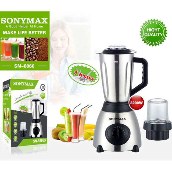 Blender electric Inox/sticla, SonyMax 5 viteze SN-8066S, 1.5l cu Rasnita Cafea, 8 cutite, corp inox, cana sticla