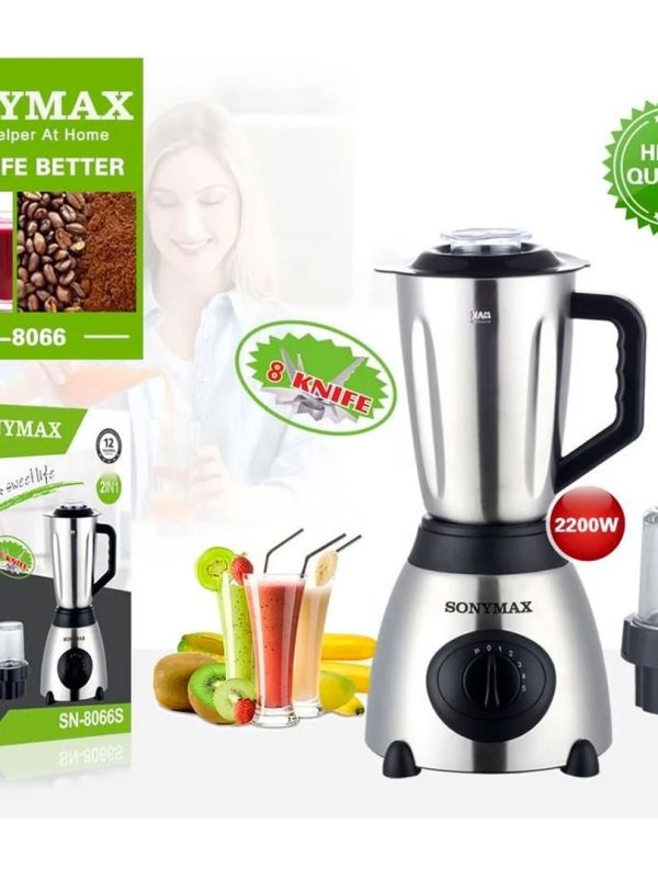 Blender electric Inox/sticla, SonyMax 5 viteze SN-8066S, 1.5l cu Rasnita Cafea, 8 cutite, corp inox, cana sticla