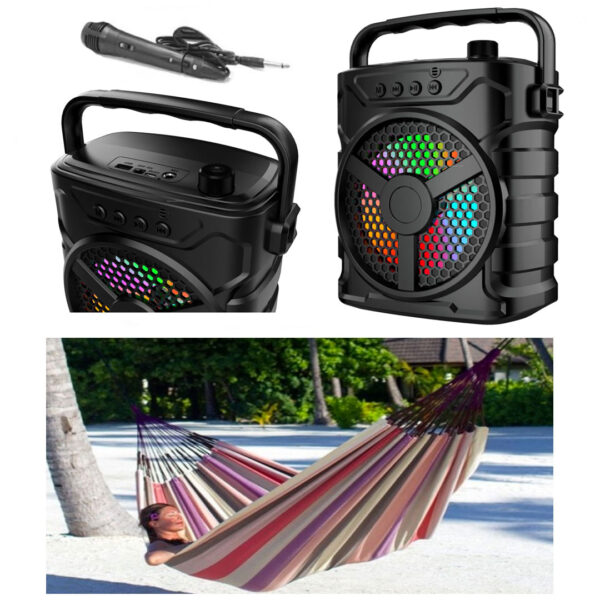Boxa portabila ZQS 6128 cu Microfon, Wireless, USB, FM Radio, lumini+ Hamac columbian 80x200 cm!