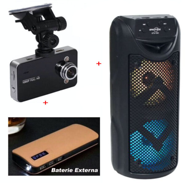 Boxa Portabila Bluetooth GTS 1550, Micro SD, USB, Leduri + Baterie Externa Smart Power Bank 20000 mAh, 3x USB, Functie Lanterna + Camera Auto Full HD 1080P