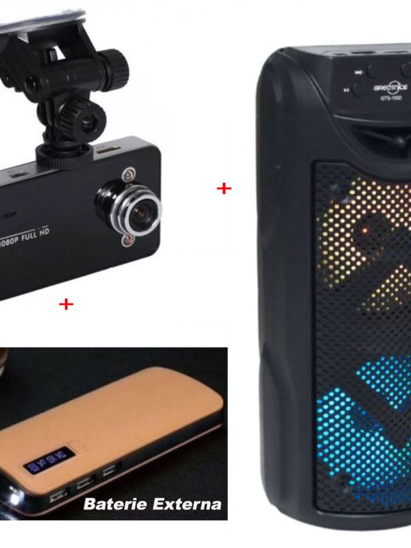 Boxa Portabila Bluetooth GTS 1550, Micro SD, USB, Leduri + Baterie Externa Smart Power Bank 20000 mAh, 3x USB, Functie Lanterna + Camera Auto Full HD 1080P