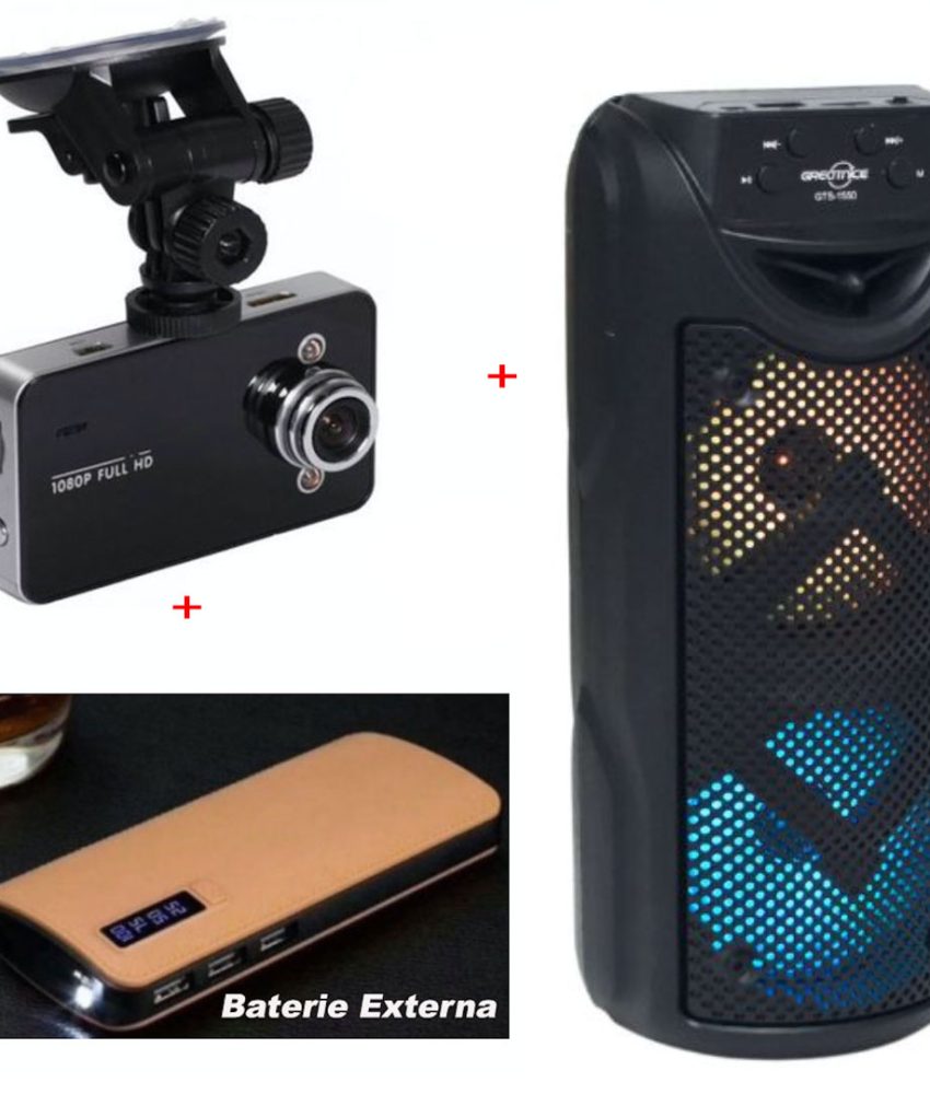 Boxa Portabila Bluetooth GTS 1550, Micro SD, USB, Leduri + Baterie Externa Smart Power Bank 20000 mAh, 3x USB, Functie Lanterna + Camera Auto Full HD 1080P