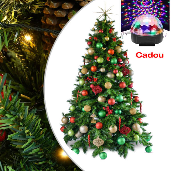 Brad artificial PREMIUM 1,8m complet impodobit cu globuri, beteala, instalatie luminoasa, suport inclus + CADOU Glob disco muzical, cu led RGB si joc de lumini disco