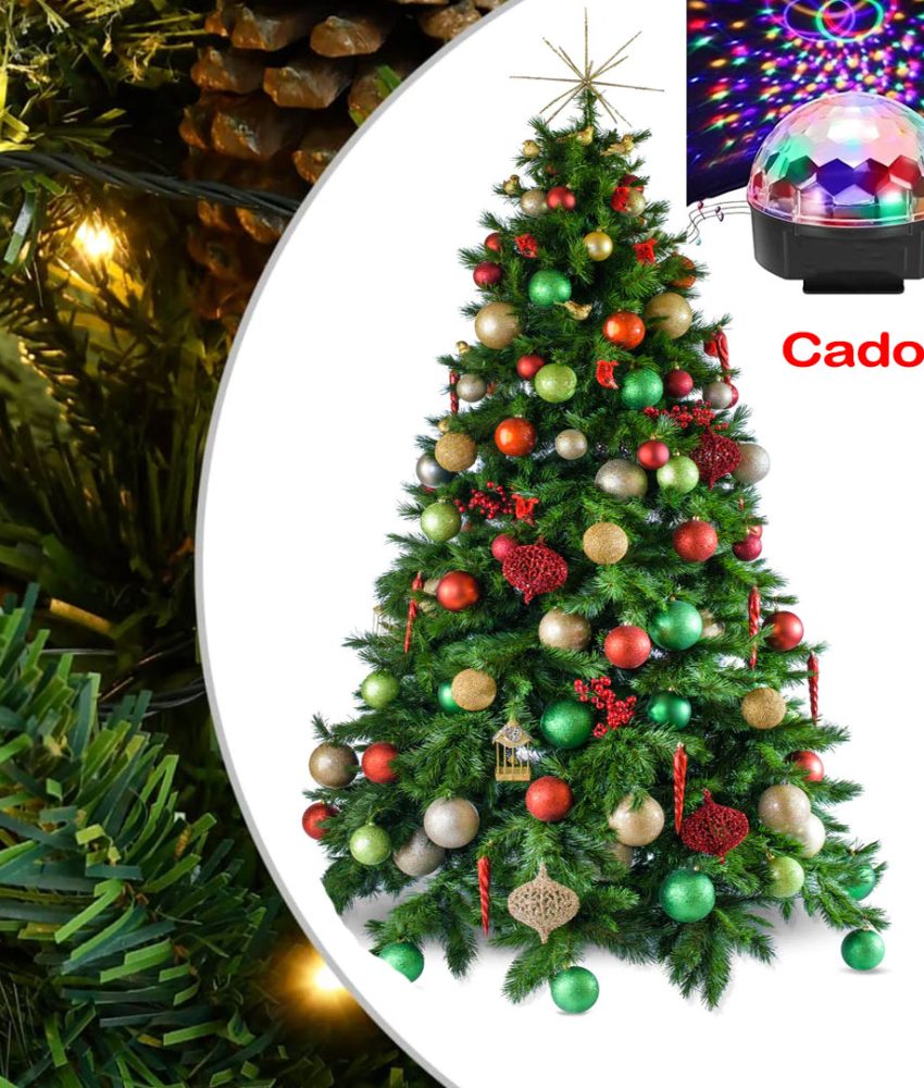 Brad artificial PREMIUM 1,8m complet impodobit cu globuri, beteala, instalatie luminoasa, suport inclus + CADOU Glob disco muzical, cu led RGB si joc de lumini disco