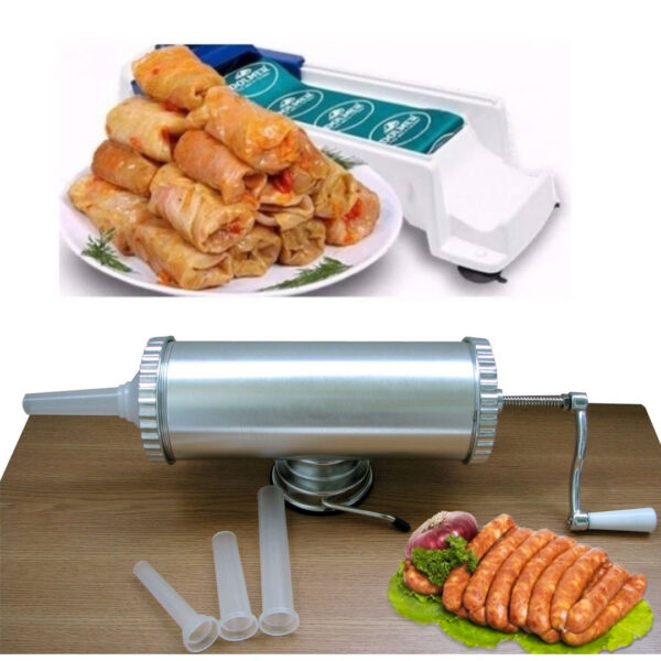 Aparat de facut carnati, inox, 1,5 kg, 3 tulumbe + CADOU Dolmer, dispozitiv de rulat sarmale!