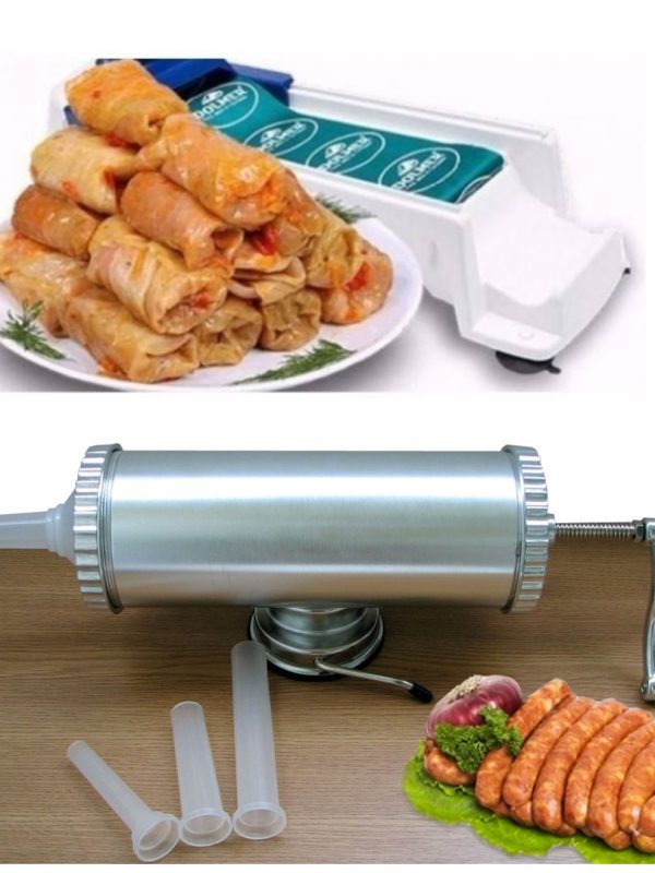 Aparat de facut carnati, inox, 1,5 kg, 3 tulumbe + CADOU Dolmer, dispozitiv de rulat sarmale!