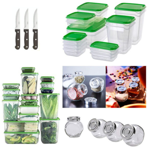 Set 17 caserole cu capace incluse, diferite dimensiuni + Set 4 borcane condimente + CADOU Set 3 cutite inox!