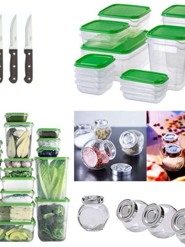 Set 17 caserole cu capace incluse, diferite dimensiuni + Set 4 borcane condimente + CADOU Set 3 cutite inox!