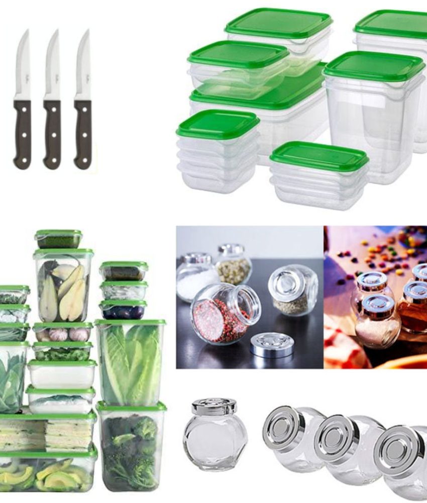 Set 17 caserole cu capace incluse, diferite dimensiuni + Set 4 borcane condimente + CADOU Set 3 cutite inox!