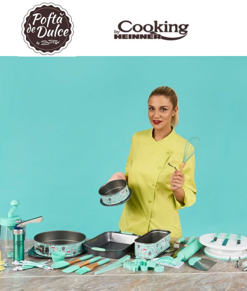 Pofta de dulce! Set complet Heinner: Tava de copt 35x23x5 cm + Tava de copt rotunda, cu baza detasabila, 31x12x8cm + Tava de chec/cozonac cu baza detasabila 28x7cm, Colectia Simona Pope