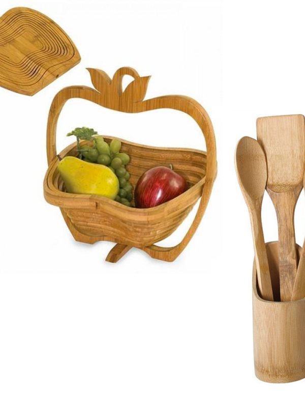 Cos de fructe pliabil, tocator, in forma de mar, din bambus + Set 3 ustensile pentru bucatarie cu suport lemn