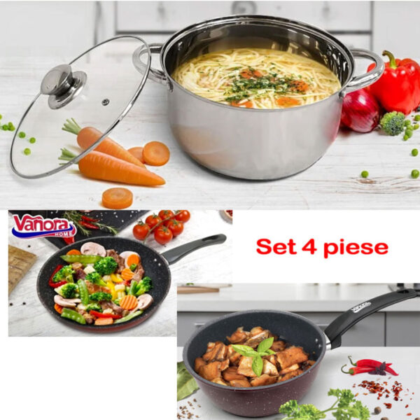 Set 4 piese pentru gatit, Platinum, Oala inox Myra, capac yena 20x12cm, capacitate 3,5l, baza capsulata 5 straturi, Tigaie teflon 24cm, Cratita cu coada