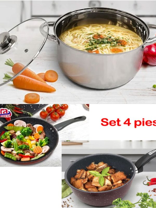 Set 4 piese pentru gatit, Platinum, Oala inox Myra, capac yena 20x12cm, capacitate 3,5l, baza capsulata 5 straturi, Tigaie teflon 24cm, Cratita cu coada