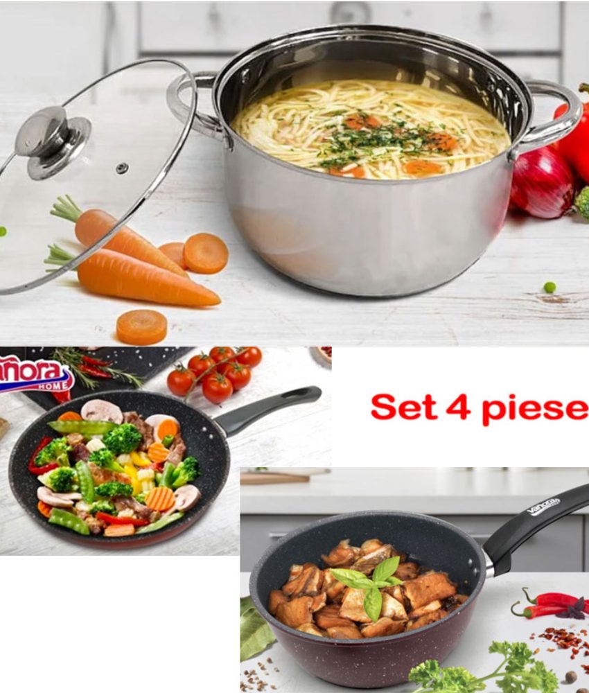 Set 4 piese pentru gatit, Platinum, Oala inox Myra, capac yena 20x12cm, capacitate 3,5l, baza capsulata 5 straturi, Tigaie teflon 24cm, Cratita cu coada