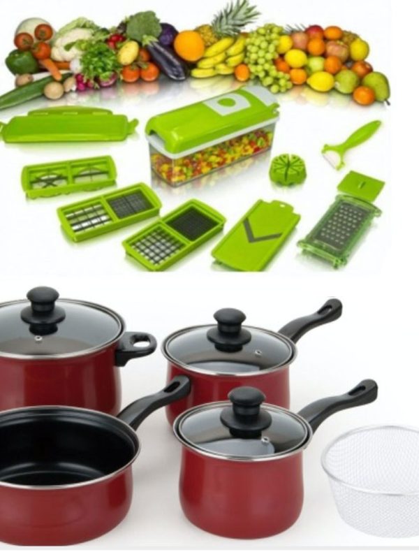 Cratite cu capace, Grunberg 8 piese, otel carbon + Razatoarea Nicer Dicer cu 11 moduri de taiere, pentru fructe si legume!