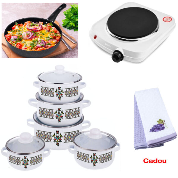 Set 10 Piese Oale cu capace, otel carbon + Plita electrica cu 1 arzator + Tigaie teflon Delis 20cm + CADOU Set 2 Prosoape bumbac 100% in cutie cadou!