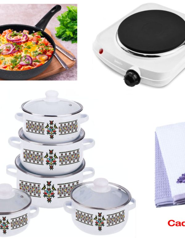 Set 10 Piese Oale cu capace, otel carbon + Plita electrica cu 1 arzator + Tigaie teflon Delis 20cm + CADOU Set 2 Prosoape bumbac 100% in cutie cadou!
