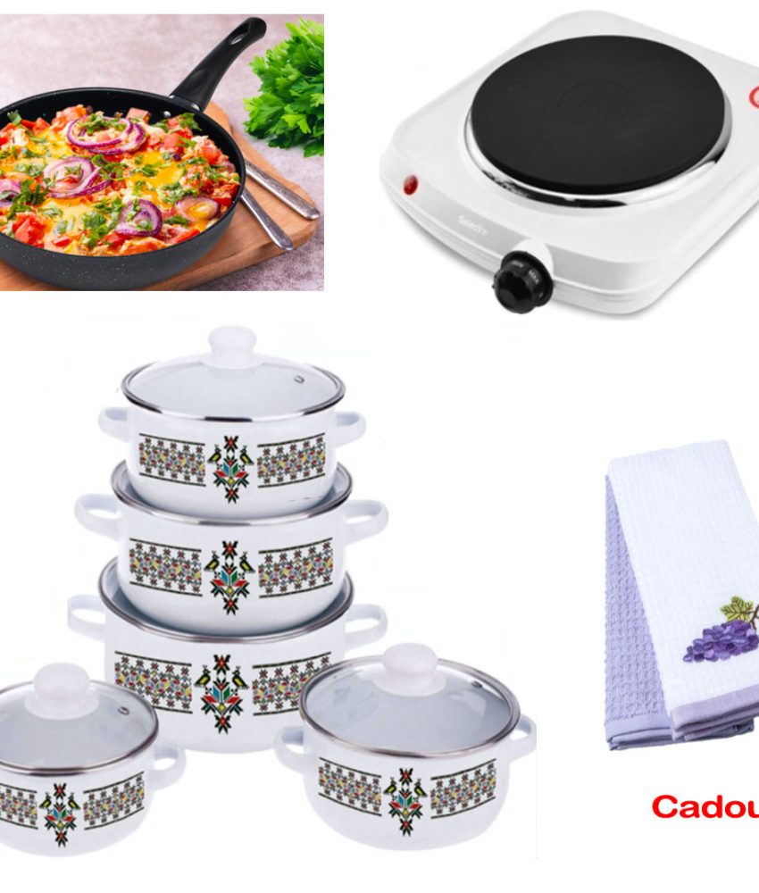 Set 10 Piese Oale cu capace, otel carbon + Plita electrica cu 1 arzator + Tigaie teflon Delis 20cm + CADOU Set 2 Prosoape bumbac 100% in cutie cadou!
