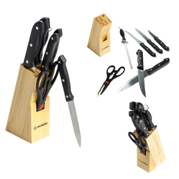 Set cutite Grunberg, 8 piese, Inox, Negru/Argintiu, Suport de lemn