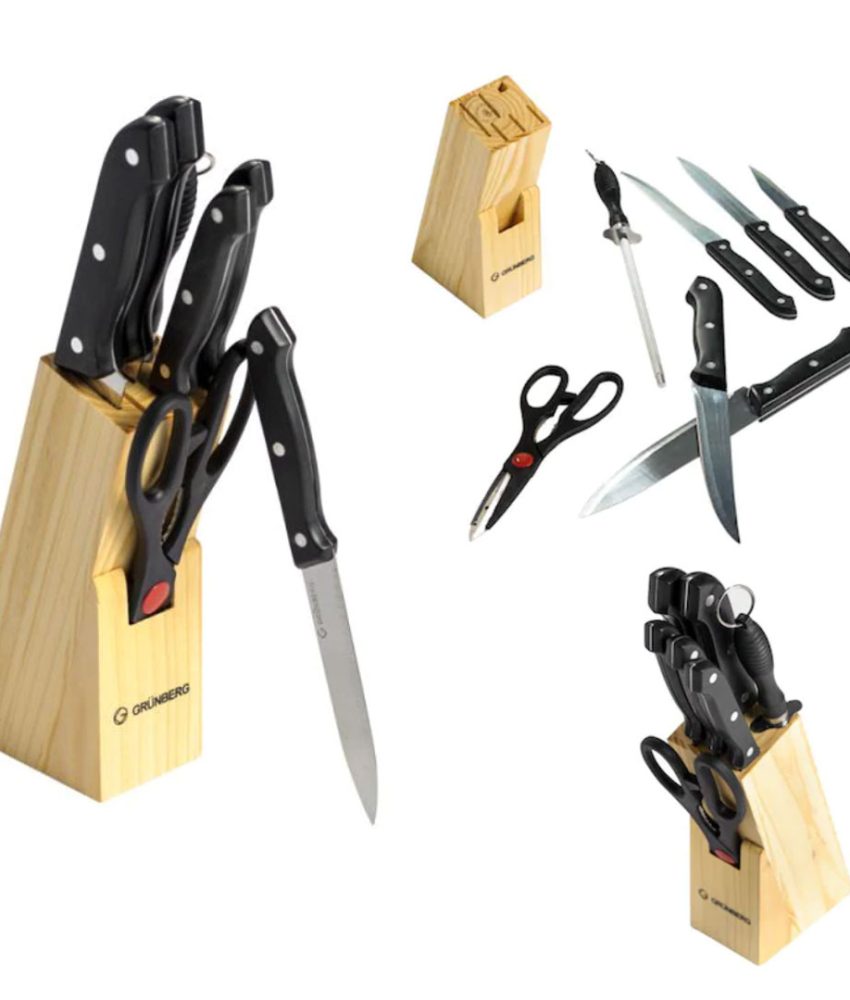 Set cutite Grunberg, 8 piese, Inox, Negru/Argintiu, Suport de lemn