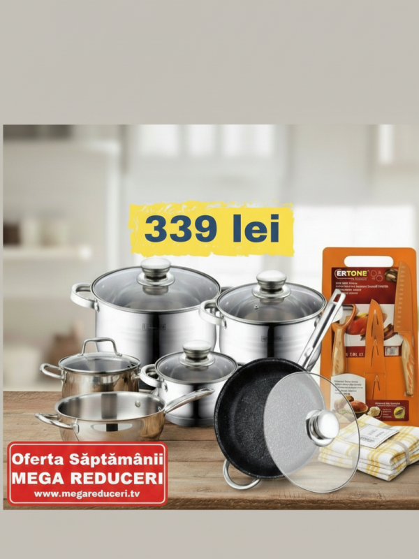Set oale inox Bachmayer, 12 piese, Tigaie Marmorata, 9 straturi! CADOU : Set ustensile bucătărie + Set 4 Prosoape bucătărie 100% BUMBAC