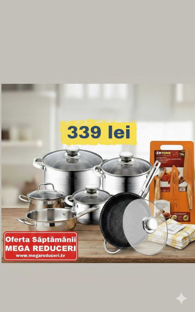 Set oale inox Bachmayer, 12 piese, Tigaie Marmorata, 9 straturi! CADOU : Set ERTONE  + Set 4 Prosoape bucătărie 100% BUMBAC