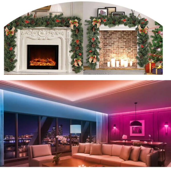 Banda LED multicolor, lungime 5 metri, controller, telecomanda si sursa de curent inclusa + Cadou ghirlanda brad artificial 2,7m, aspect natural