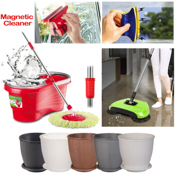 Pachet Curatenie: Mop Rotativ cu galeata Easy Clean + Matura rotativa Magic Broom + Dispozitiv Magnetic pentru spalarea geamurilor + Set 3 Ghivece cu farfurii suport!