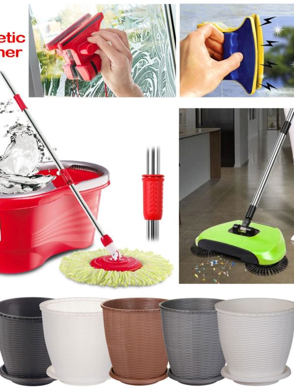 Pachet Curatenie: Mop Rotativ cu galeata Easy Clean + Matura rotativa Magic Broom + Dispozitiv Magnetic pentru spalarea geamurilor + Set 3 Ghivece cu farfurii suport!