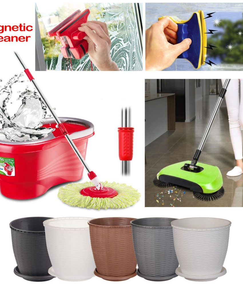 Pachet Curatenie: Mop Rotativ cu galeata Easy Clean + Matura rotativa Magic Broom + Dispozitiv Magnetic pentru spalarea geamurilor + Set 3 Ghivece cu farfurii suport!