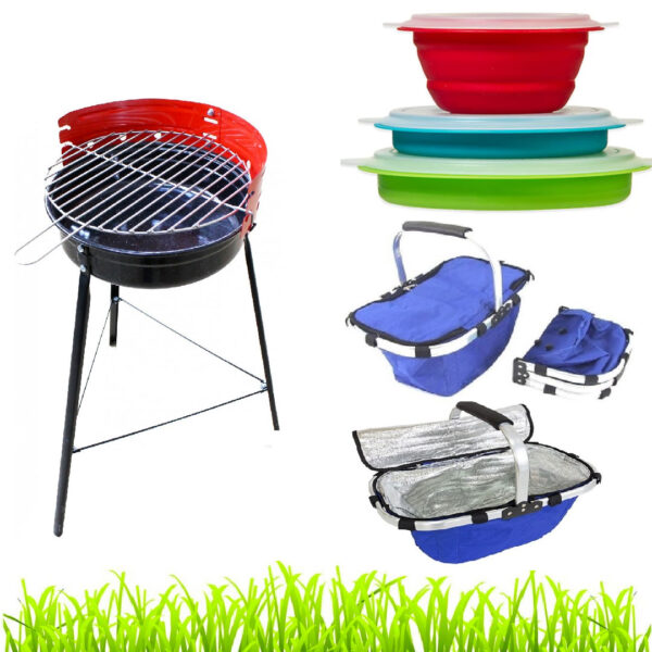 Gratar gradina cu carbuni, demontabil, din metal + Cos pliabil termoizolant + Set 3 Vase pliabile, cu capace etans, capacitate 940ml