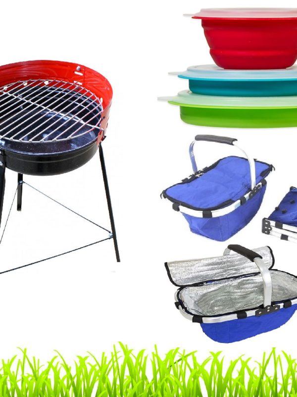 Gratar gradina cu carbuni, demontabil, din metal + Cos pliabil termoizolant + Set 3 Vase pliabile, cu capace etans, capacitate 940ml