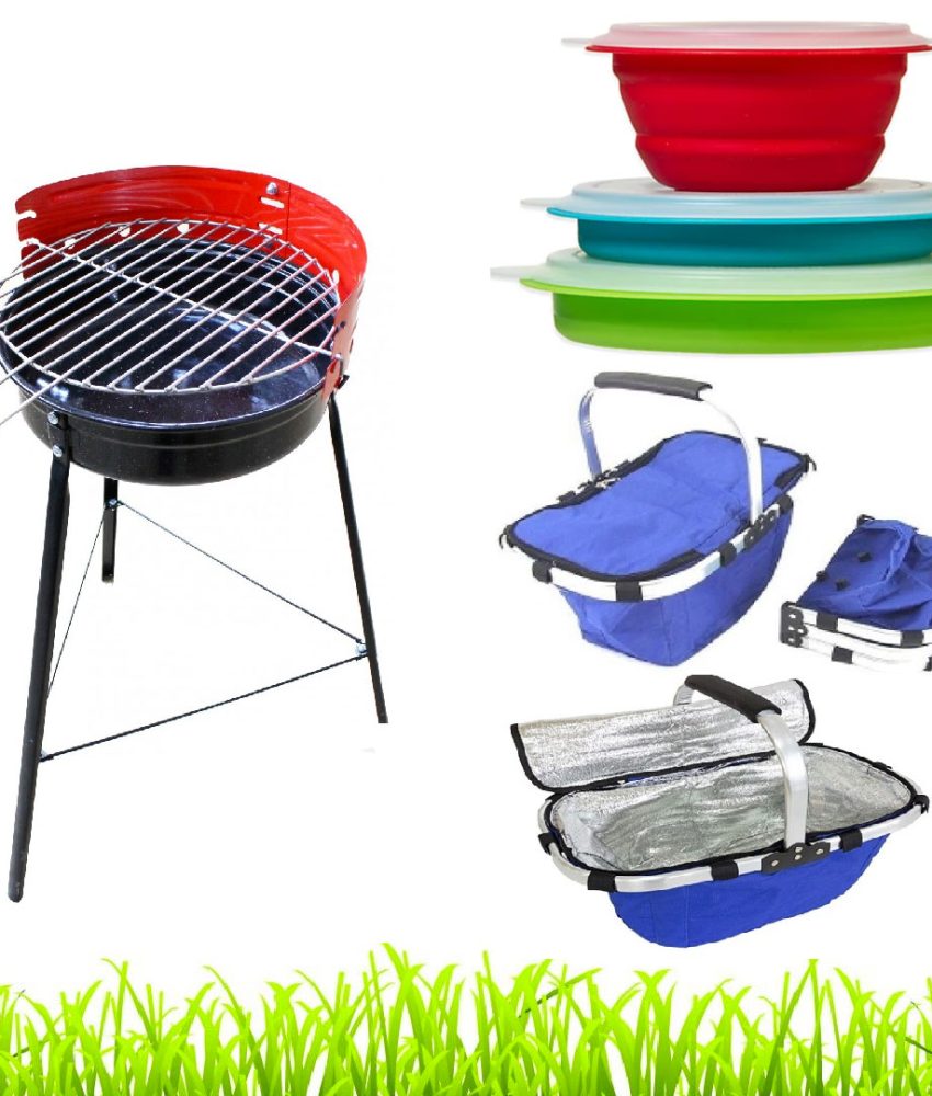 Gratar gradina cu carbuni, demontabil, din metal + Cos pliabil termoizolant + Set 3 Vase pliabile, cu capace etans, capacitate 940ml