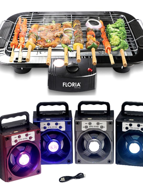 Gratar electric Floria ZLN-2867, 2000 W, 240 V, 47 x 35 cm, Negru + Cadou 1 Boxa Portabila, Bluetooth, RADIO FM, suport MICRO SD