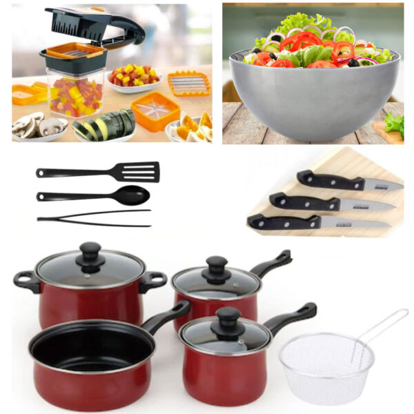 Oale Grunberg 8 Piese, Teflon, Cu Capace din Sticla Termorezistenta + Bol inox + Razatoare Nicer Dicer Quick 5 in 1 + Set 3 Cutite friptura + Cadou Set Ustensile bucatarie!