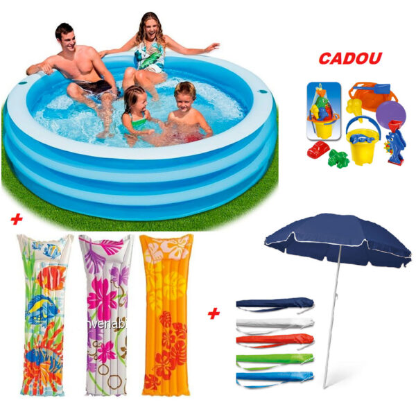 Set complet Plaja! Piscina Family Sun Glow, 665l, 4 inele+ Saltea gonflabila de apa + Umbrela de plaja cu protectie UV + CADOU set jucarii nisip