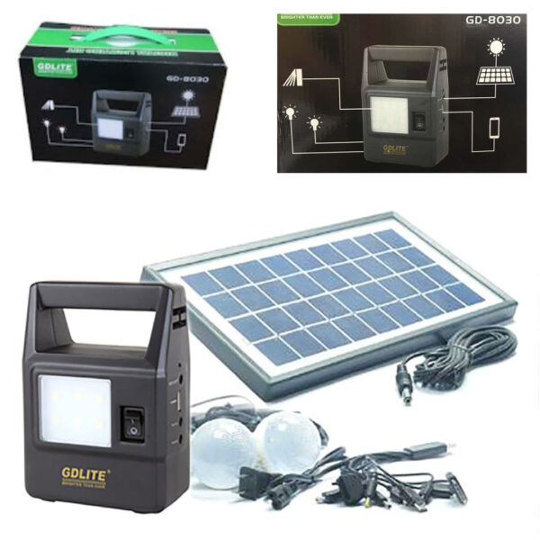 Kit Incarcator Urgente cu Panou Solar GdLite GD8030 GD-8030 cu Lanterna cu 14LED 2 Becuri si acumulator plumb acid 6V