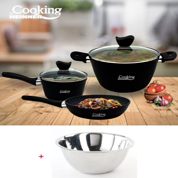 Set de gatit Madeira, Heinner, 5 piese, aluminiu, negru + Bol pentru mixare, Vanora, 20 cm, inox