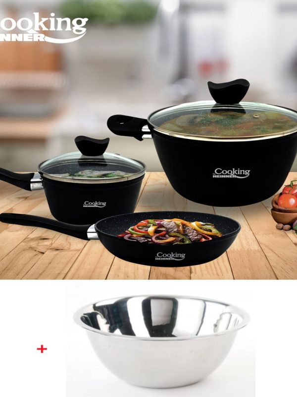 Set de gatit Madeira, Heinner, 5 piese, aluminiu, negru + Bol pentru mixare, Vanora, 20 cm, inox