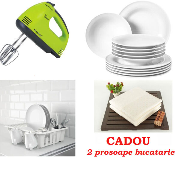 Mixer electric, 7 viteze + Set 12 farfurii sticla securizata + Suport de vase alb + CADOU 2 prosoape BBC 100%, 50x30cm