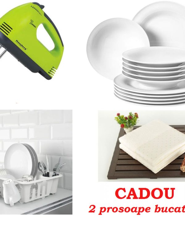 Mixer electric, 7 viteze + Set 12 farfurii sticla securizata + Suport de vase alb + CADOU 2 prosoape BBC 100%, 50x30cm