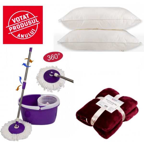 Mop rotativ cu galeata Easy Spin + Set 2 Perne puf siliconat antialergice 50x70cm + Cadou Patura pufoasa fleece pufoasa!