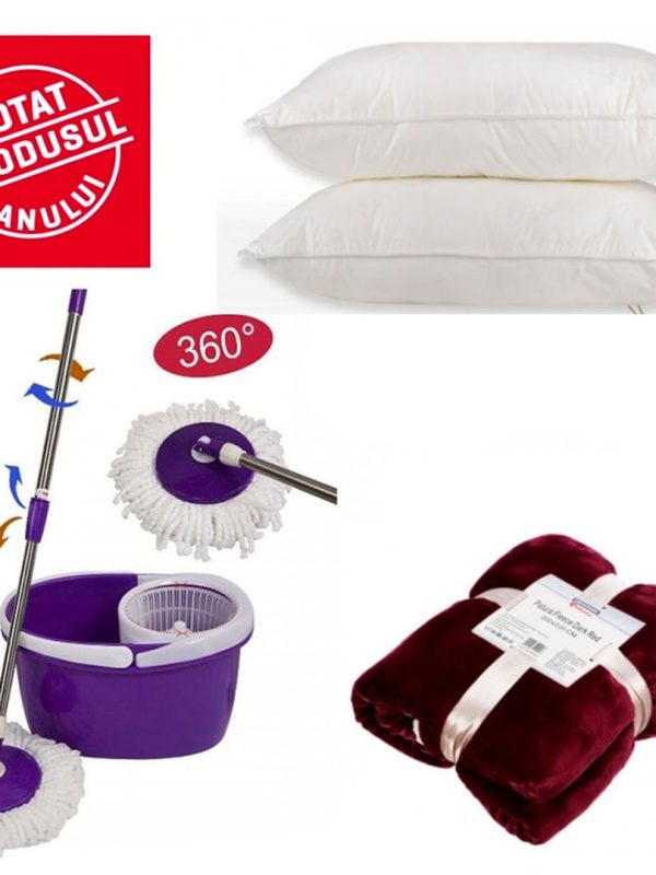 Mop rotativ cu galeata Easy Spin + Set 2 Perne puf siliconat antialergice 50x70cm + Cadou Patura pufoasa fleece pufoasa!
