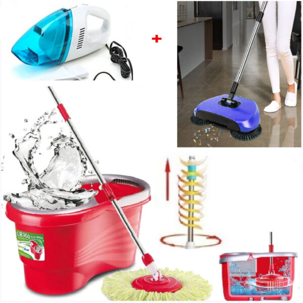Mop Rotativ Cu Galeata Magic Spin + Matura Rotativa 3 In 1 Magic Broom cu tava de colectare + Cadou Aspirator portabil