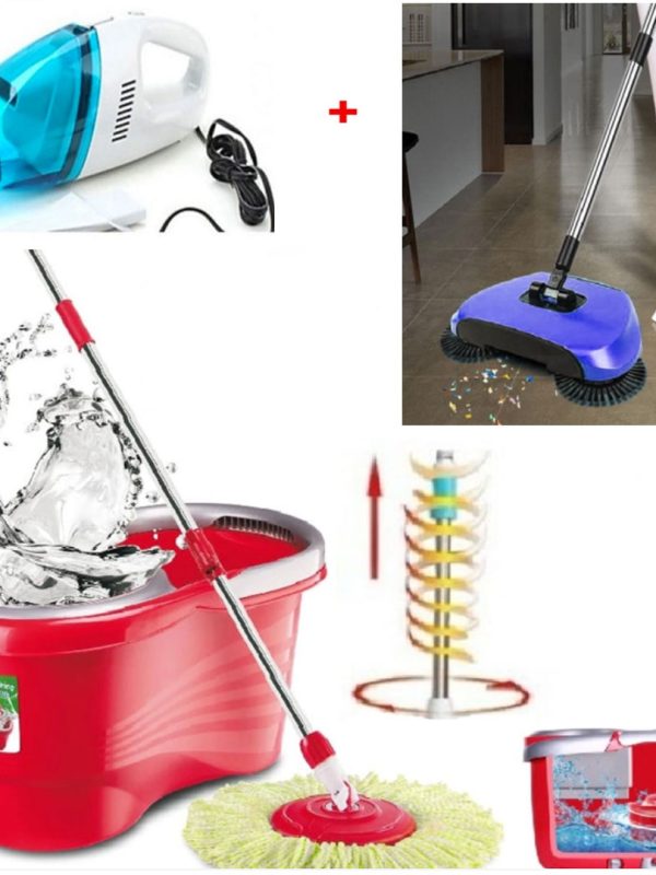Mop Rotativ Cu Galeata Magic Spin + Matura Rotativa 3 In 1 Magic Broom cu tava de colectare + Cadou Aspirator portabil
